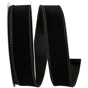 1" Black Velvet Fuzz Wired Edge Ribbon, 10 Yards