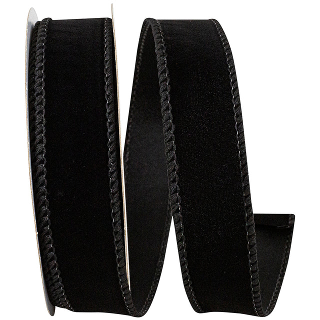 1" Black Velvet Fuzz Wired Edge Ribbon, 10 Yards