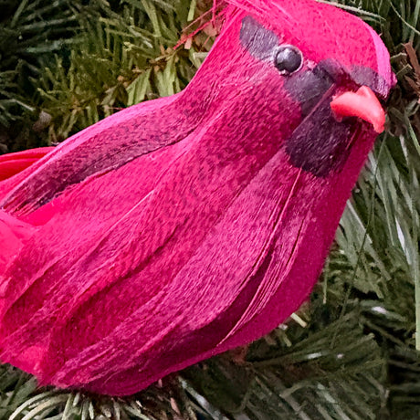 Red Cardinal Bird Ornament on Clip, Feathers, additional view