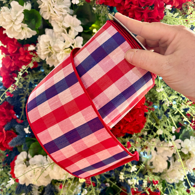 4"x10YDS Red White Blue Gingham Wired Ribbon