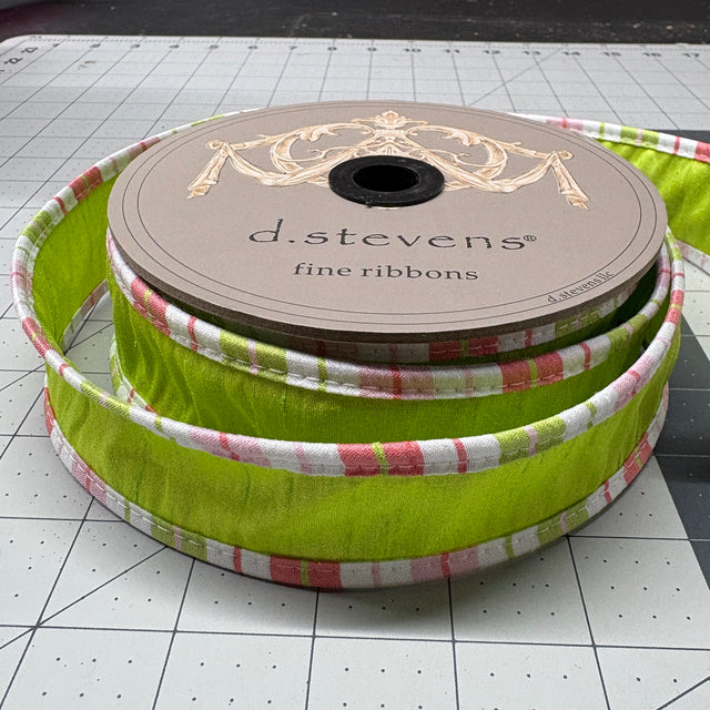 1.5" x 10YDS Faux Dupion Lime Green Ribbon w/Pink Stripe Trim