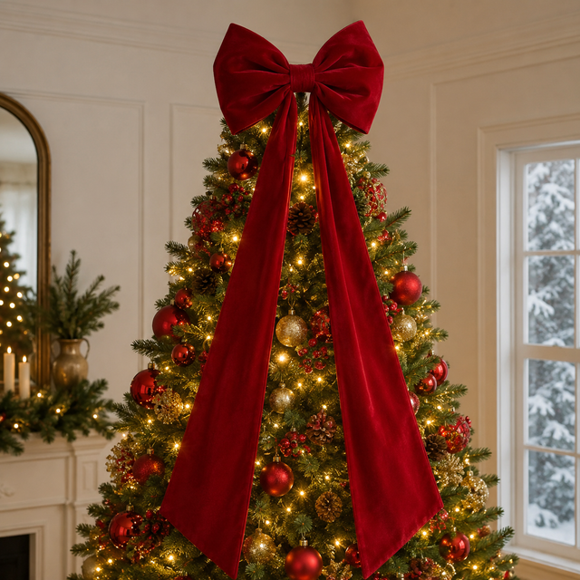 32" x 77" Red Velvet Bow | Christmas Tree Topper Bow