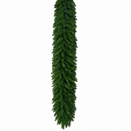 A single long, narrow artificial green garland or decorative tree branch with dense pine-like texture, centered on a plain white background.