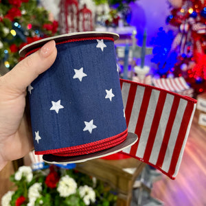 4" x 5 YDS 2-Sided Navy Stars & Stripes Dupioni Deluxe | Wired Edge Ribbon