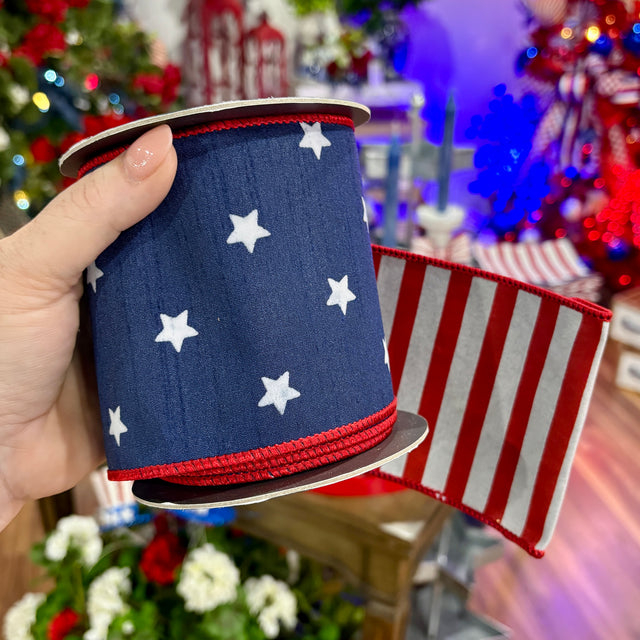 4" x 5 YDS 2-Sided Navy Stars & Stripes Dupioni Deluxe | Wired Edge Ribbon