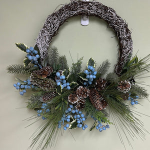 20" Blueberry and Snow Cypress/Cones Vine Designer Wreath