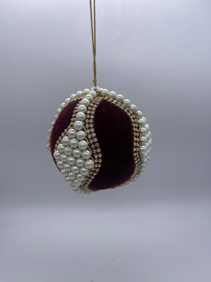 4" Burgundy Velvet with Pearl/Jewel Ball Ornament