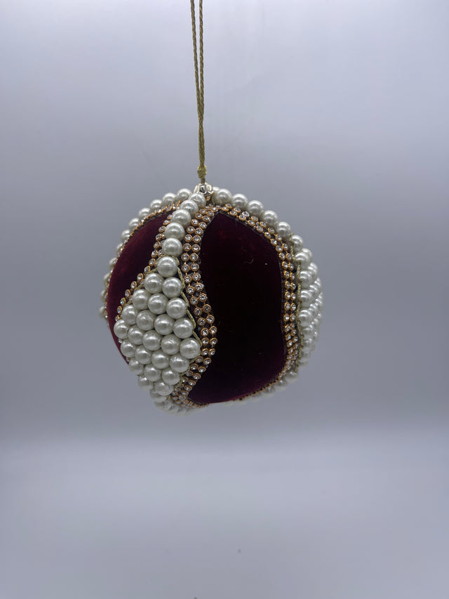 4" Burgundy Velvet with Pearl/Jewel Ball Ornament