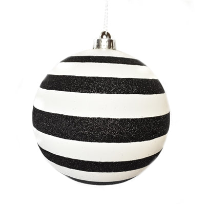 4" Matte Black Ball Ornament with White Glitter Stripes