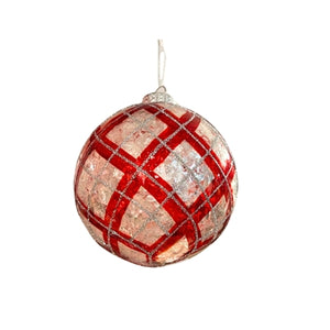 4" Red Check Plaid with Silver Glitter Ornament