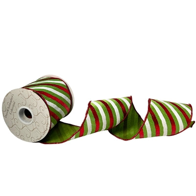4" x 10YD Lime/Red/White Faux Dupioni Stripe Ribbon