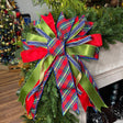 20 inch Royal Blue Jewel Plaid hand-tied Christmas designer bow with red and blue tartan, green satin and royal blue jeweled velvet, on a garland
