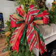 20 inch Golden Yuletide hand-tied Christmas designer bow with red and gold plaid, green sequin and gold glitter mesh ribbon, on a garland