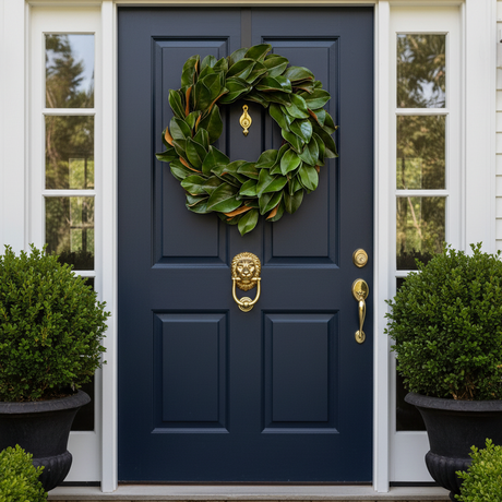 Navy blue front door with gold knocker and handle, green wreath, and potted plants on either side.