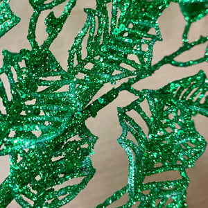 28" Glittered Sequin Lattice Holly Leaf Spray | Midnight Blue or Emerald Green