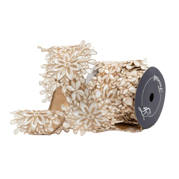 5.5" x 5YDS Snowflake Lace Farrisilk Wired Ribbon | Ivory & Champagne