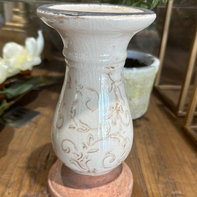 7" Cream Ceramic Candle Holder Tan Floral