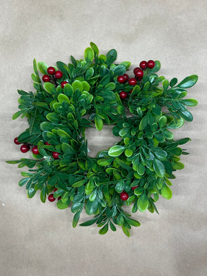 10" Boxwood with Red Berries | Small Wreath | Candle Ring