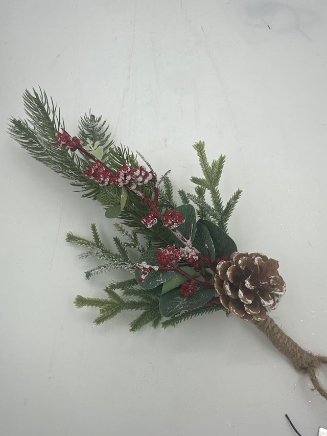 13” Frosted Pine Drop with Berries and Pinecone