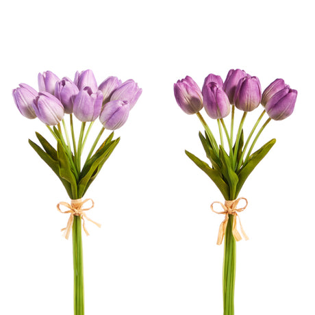 Two bouquets of purple tulips with green stems and orange ribbons on a white background
