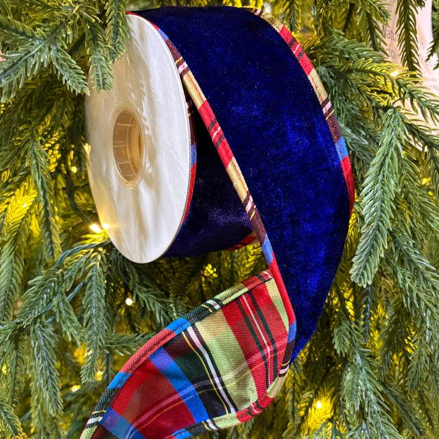 2.5" x 5 YDS Royal Blue Sheldon Ribbon with Plaid Backing & Piping