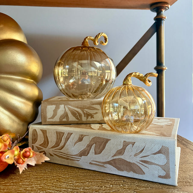 2.8" Iridescent Amber Blown Glass Tabletop Pumpkin