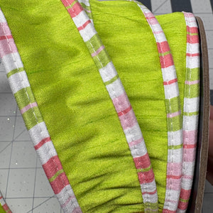 1.5" x 10YDS Faux Dupion Lime Green Ribbon w/Pink Stripe Trim