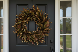 14" Golden Washed Ruscus Wreath with Gold, Green & Brown Accents