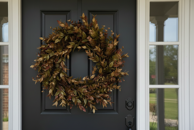 14" Golden Washed Ruscus Wreath with Gold, Green & Brown Accents