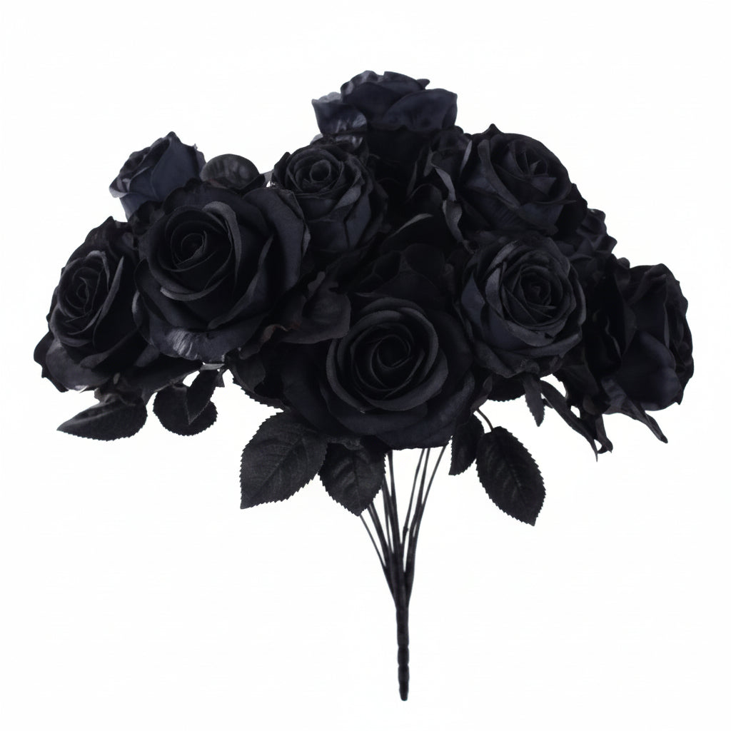 A bouquet of artificial black roses with dark green leaves and black stems, isolated on a white background.
