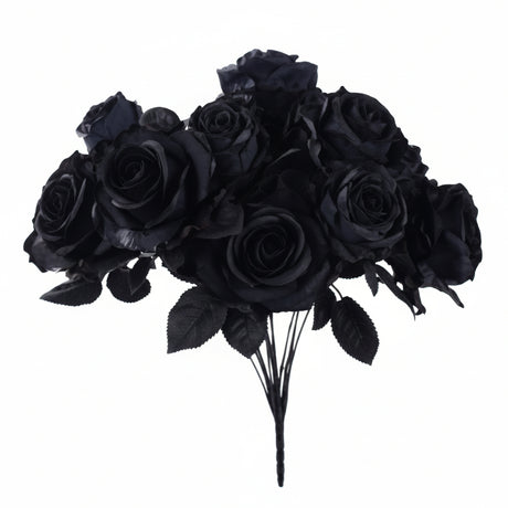 A bouquet of artificial black roses with dark green leaves and black stems, isolated on a white background.