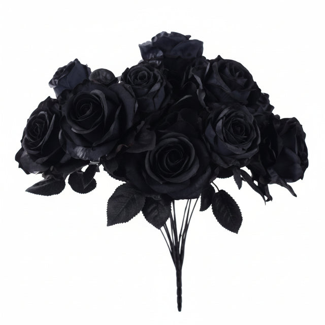 A bouquet of artificial black roses with dark green leaves and black stems, isolated on a white background.