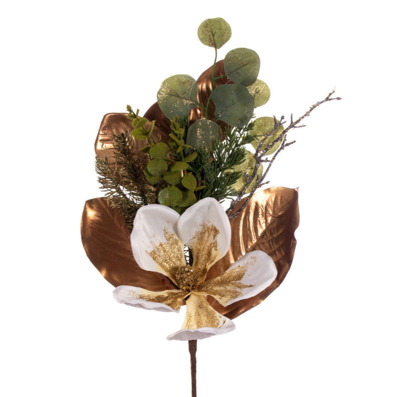 A 29-inch artificial white magnolia spray with gold accents and metallic copper leaves, among lush greenery, on a stem.