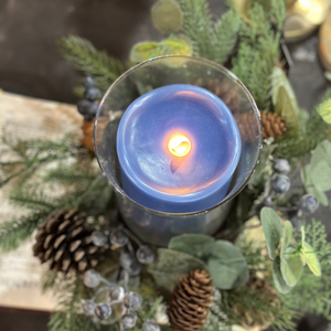 18" Blue Berry And Pine Glass Hurricane Candle Holder