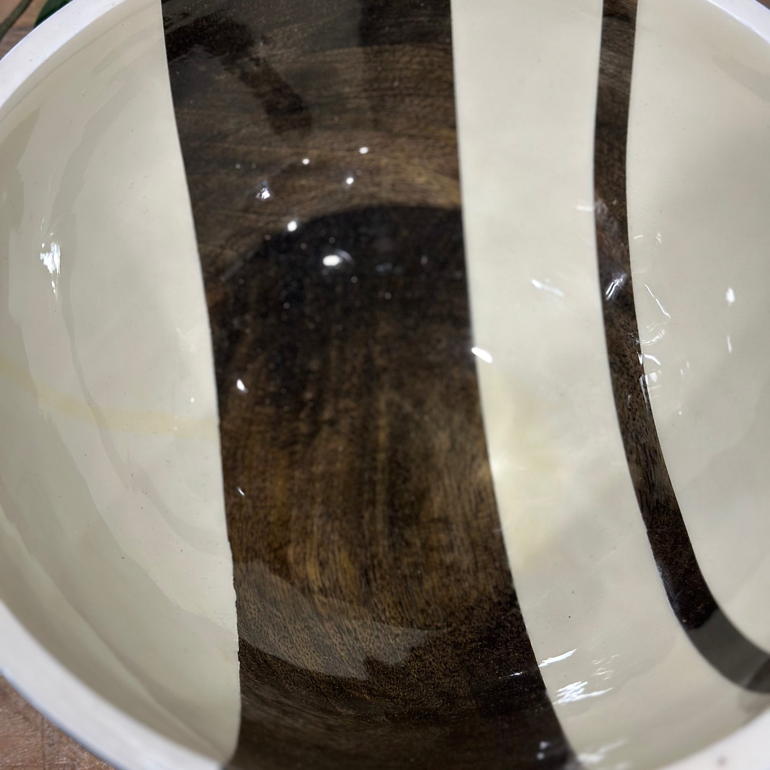 9.5” Round Mango Wood Enameled Striped Bowl