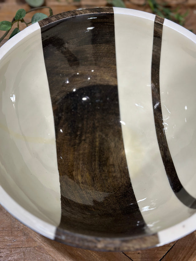 9.5” Round Mango Wood Enameled Striped Bowl