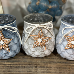 4.5" Tealight Candle Holder Glass Pinecone Wash, Wooden Star Hanger