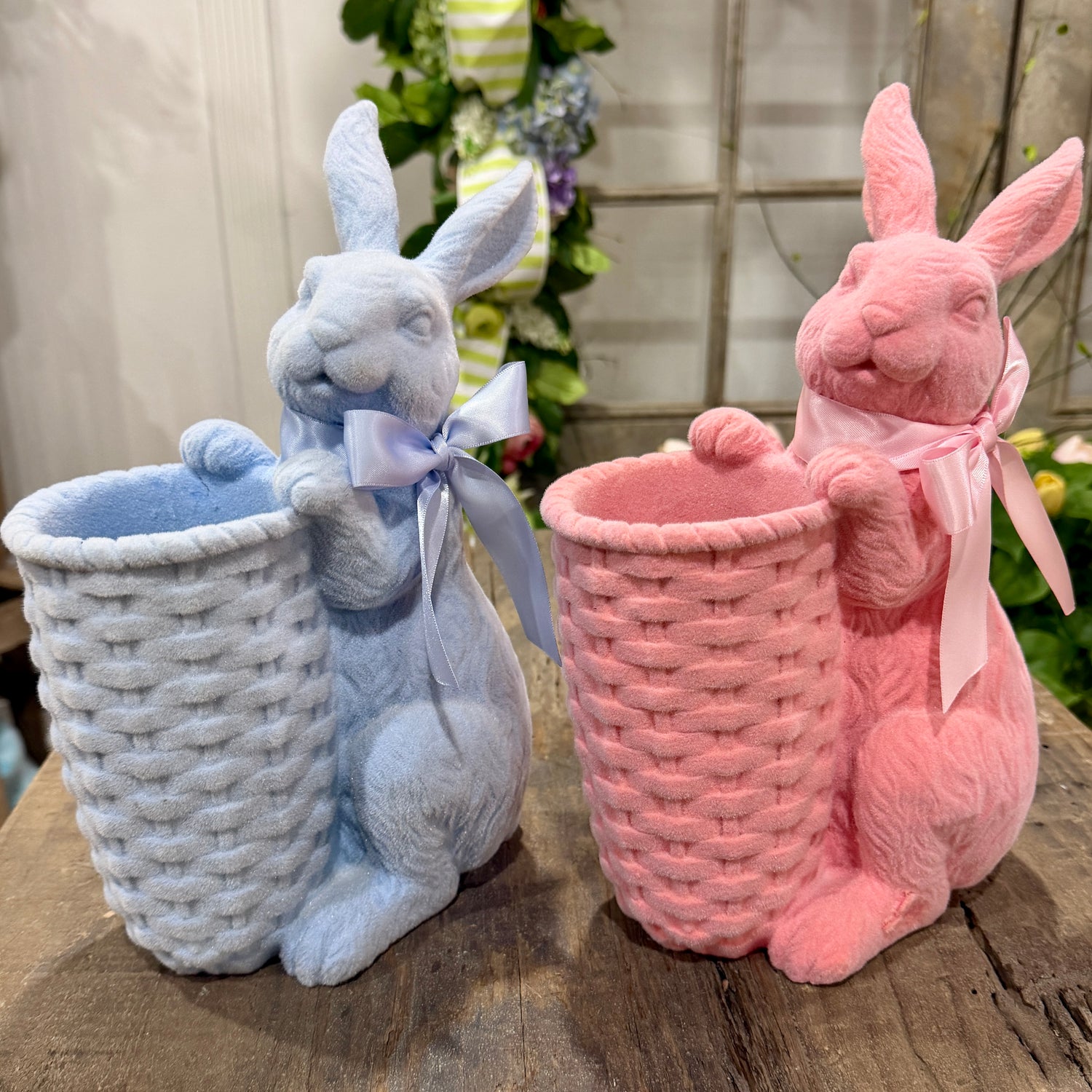 12" Resin Flocked Bunny w/Basket Periwinkle | Pink (Sold Individually)