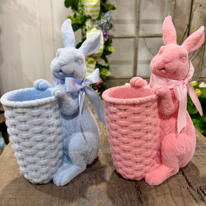 12" Resin Flocked Bunny w/Basket Periwinkle | Pink (Sold Individually)