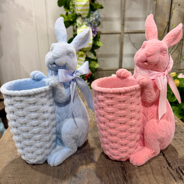 12" Resin Flocked Bunny w/Basket Periwinkle | Pink (Sold Individually)