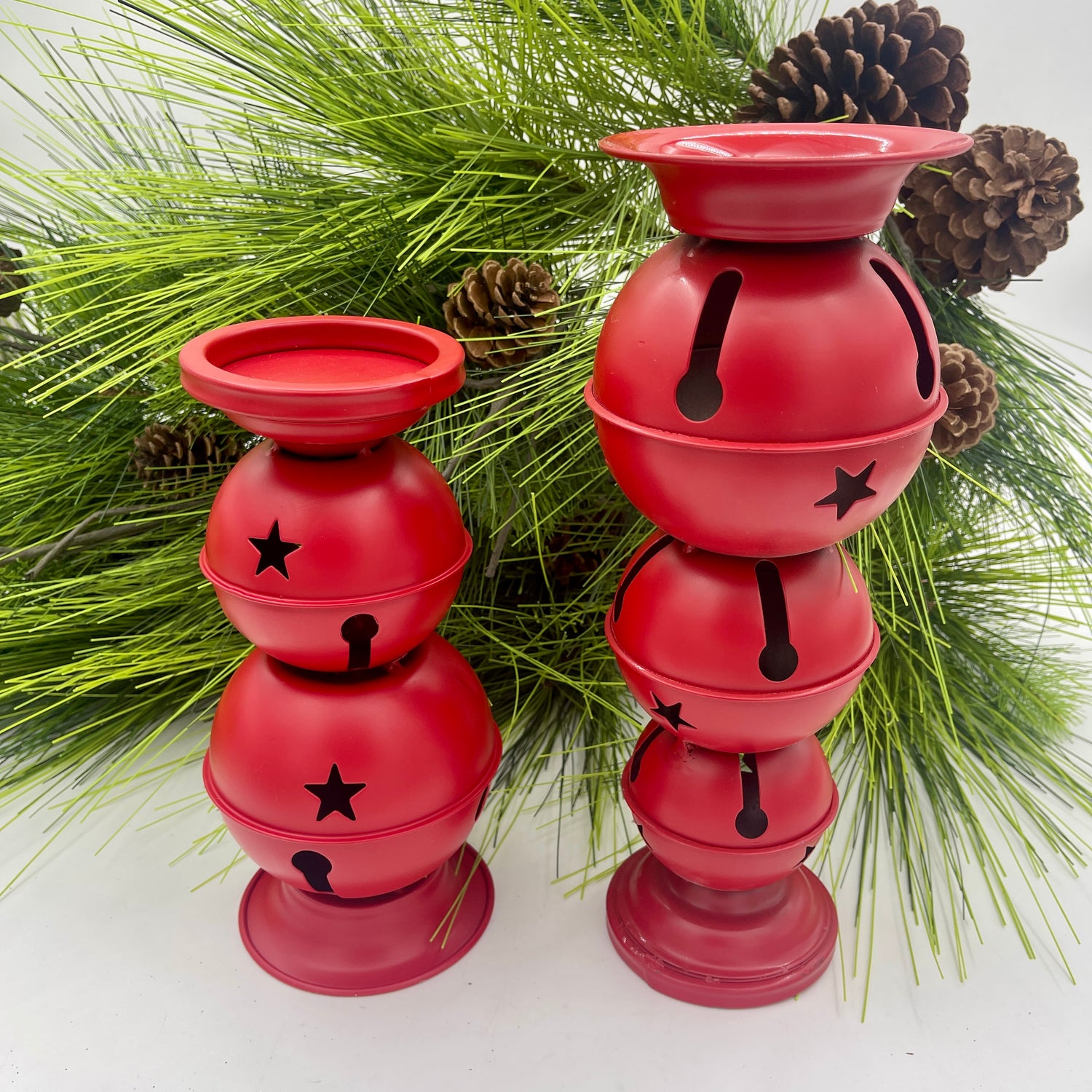 10-12.5" Red Jingle Bells Candle Holder -Set of 2