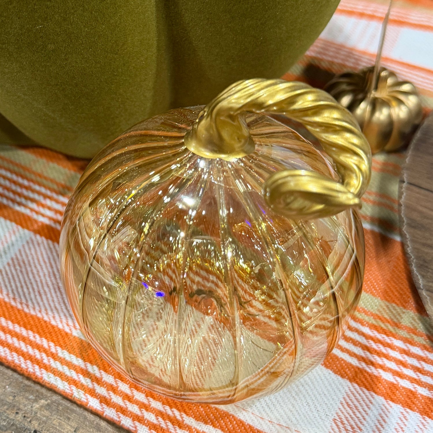 2.8" Iridescent Amber Blown Glass Tabletop Pumpkin