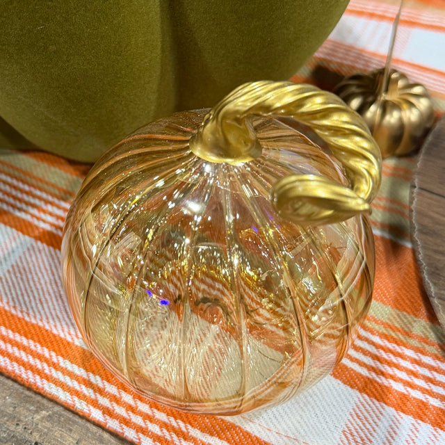 2.8" Iridescent Amber Blown Glass Tabletop Pumpkin