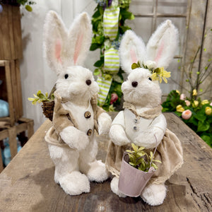 12.25" Sisal Dressed Boy Girl Bunny w/Basket (Sold Individually)