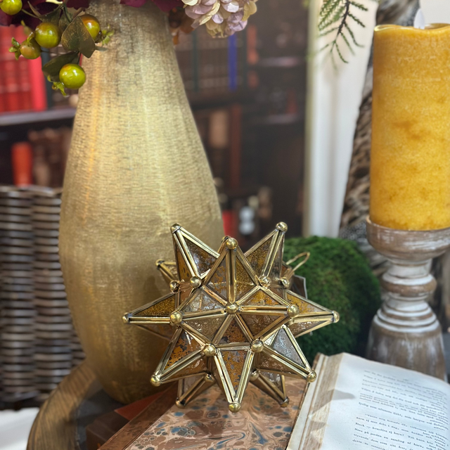 6” Gold Metal/Glass Star Lantern