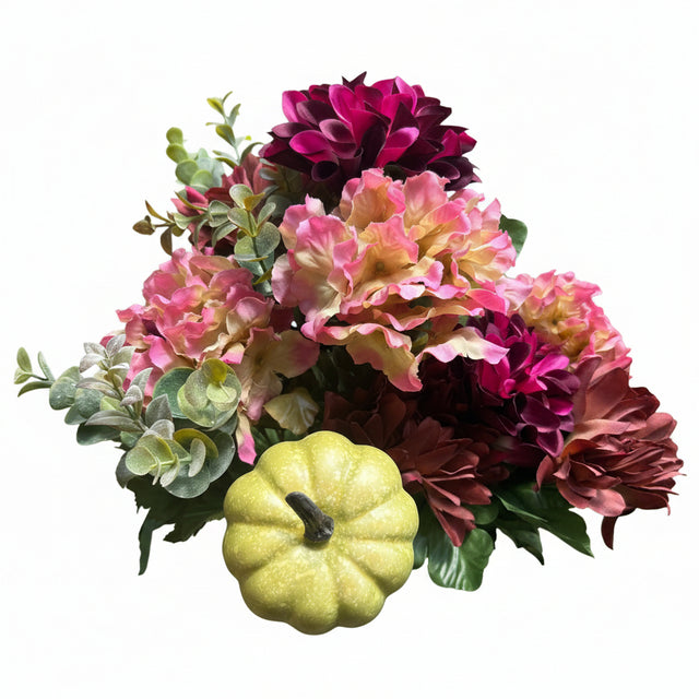21" Dahlia, Hydrangea, & Pumpkin Bush | Burgundy, Pink, Green