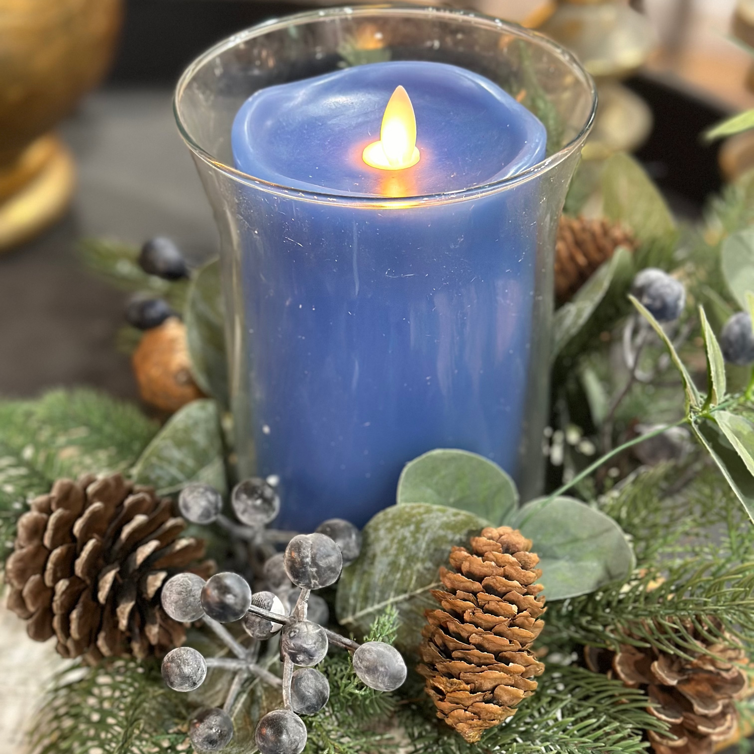 18" Blue Berry And Pine Glass Hurricane Candle Holder