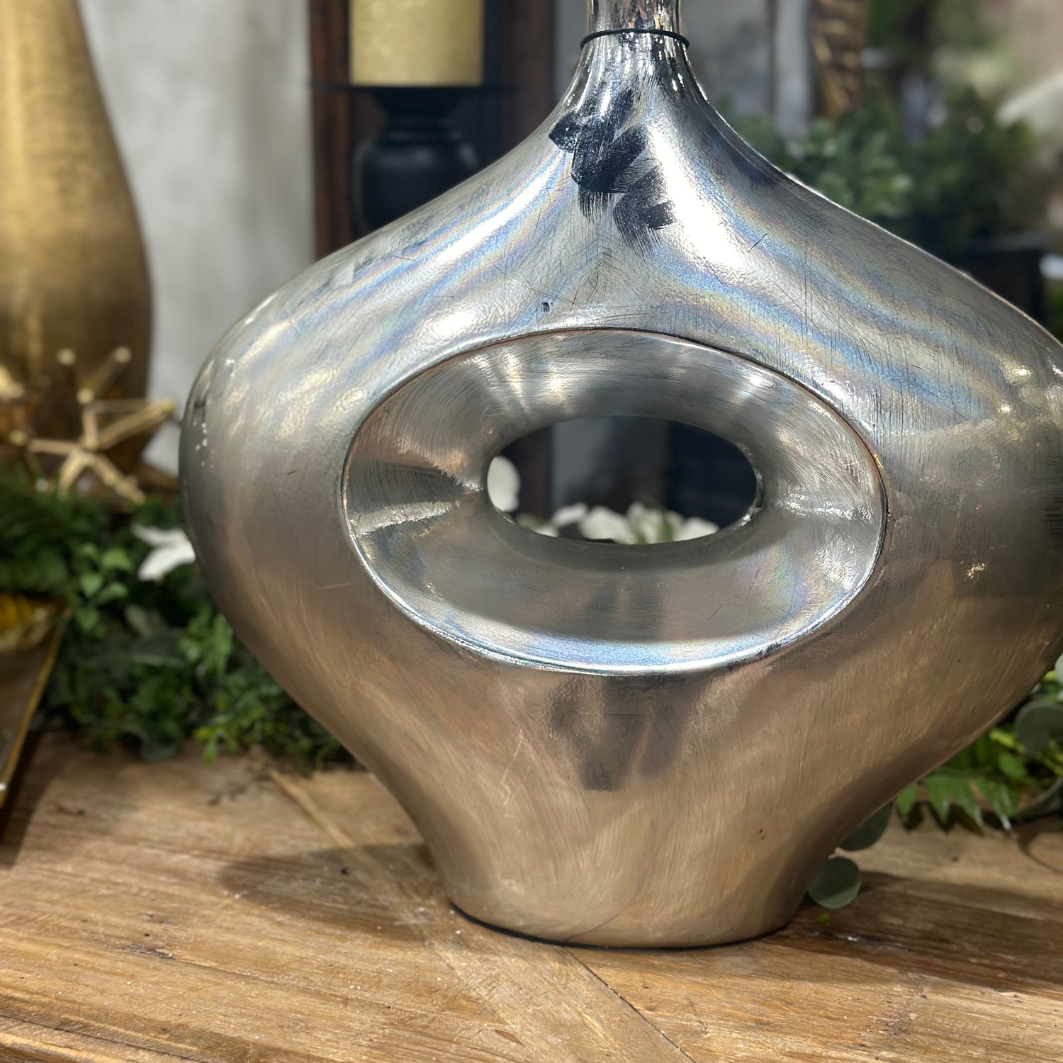 16" Contemporary Abstract Silver Plated Vase Polyresin
