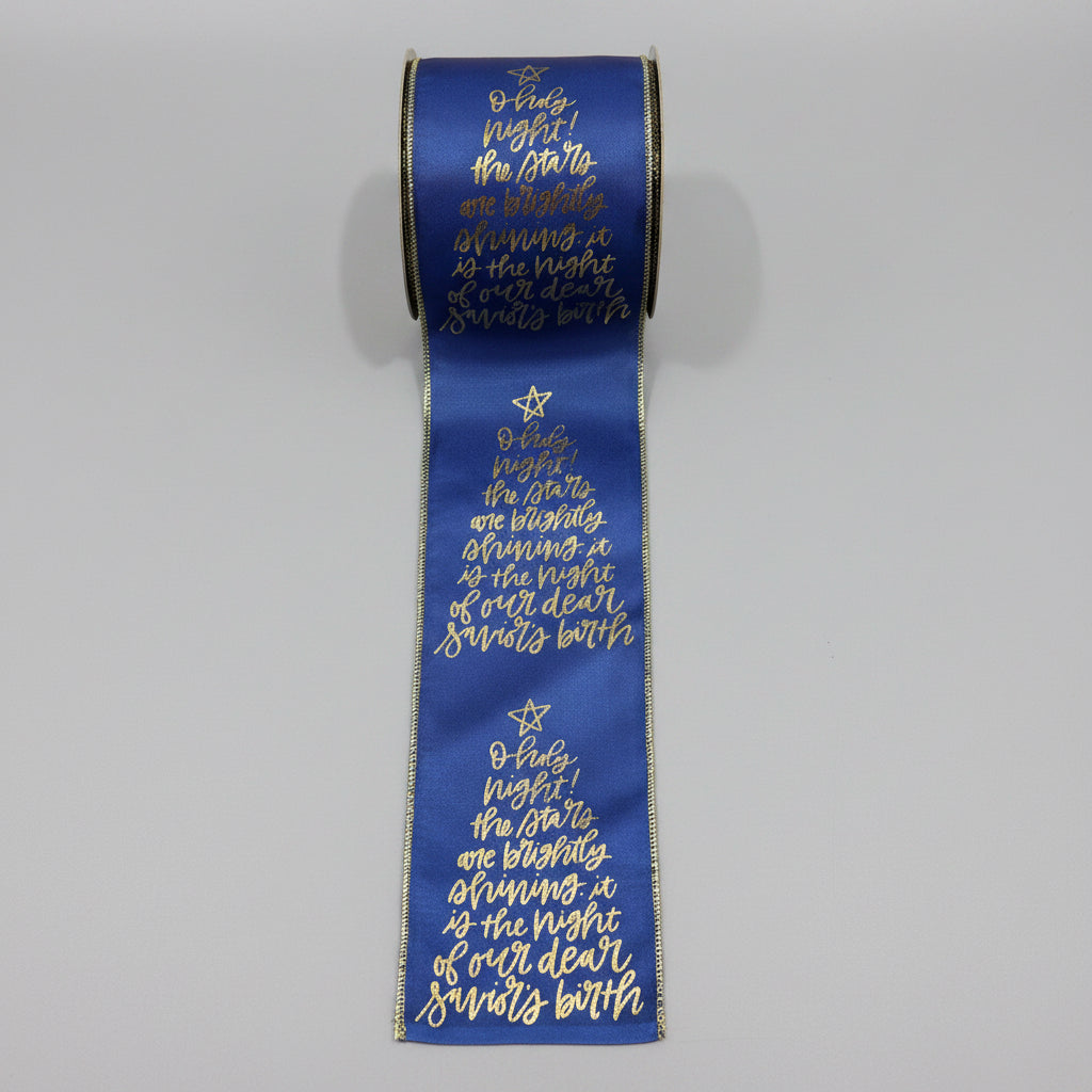 4" x 10 Yards Navy Blue & Gold Taffeta "Oh Holy Night" Ribbon