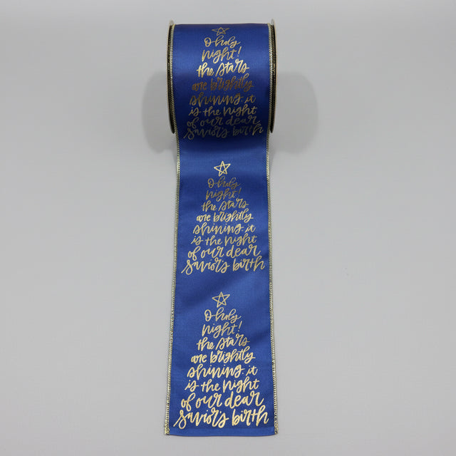 4" x 10 Yards Navy Blue & Gold Taffeta "Oh Holy Night" Ribbon